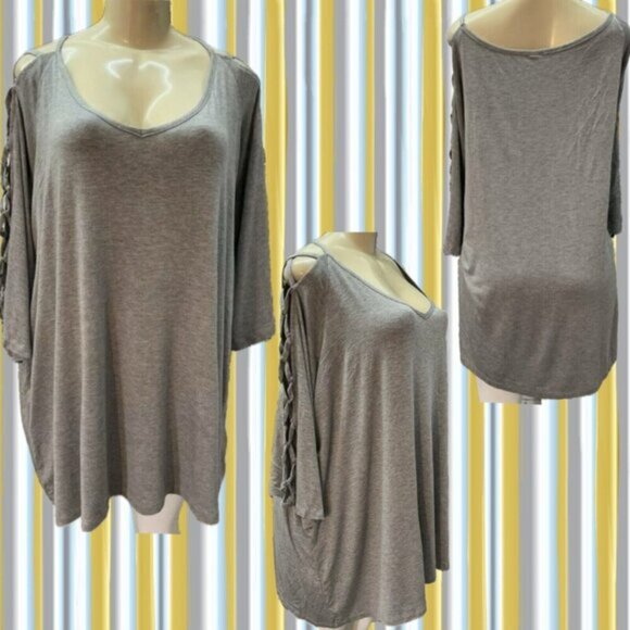 Rhonda Shear Plus 3X Gray Heather Soft V-Neckline Lattice Open 3/4 Sleeve Top - Picture 1 of 6